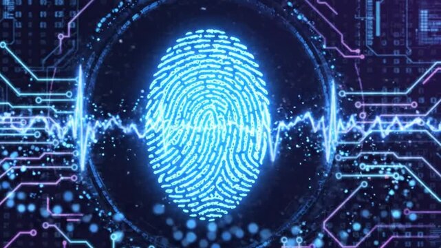Digital fingerprint scan technology, biometric security system, cyber security concept, data protection, futuristic background with glowing lines and circuit board patterns