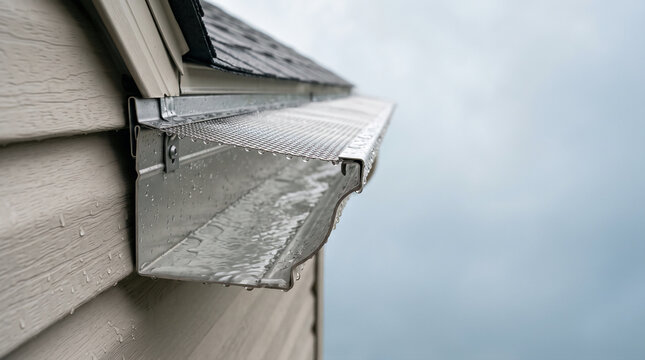 Modern House Gutter with Metal Mesh Guard Screen in Rain