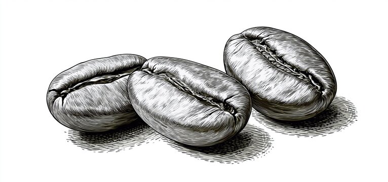 Three coffee beans arranged with intricate line shading on a white background, ideal for branding and packaging.