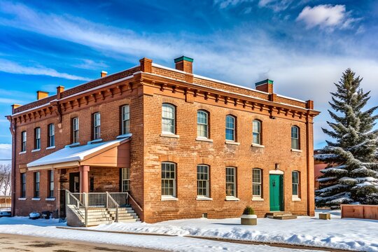Casper, Wyoming, USA - March 16, 2024: Exterior of brick building with sign for Fort Casper Museum. Taken on winter day. History and educational concepts.