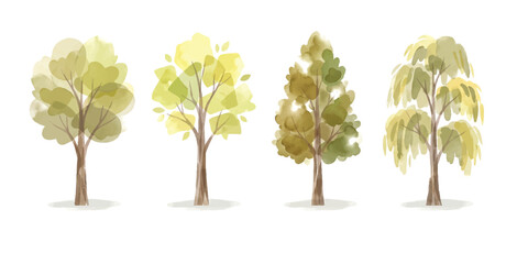 Set of four hand drawn watercolor trees with green leaves and brown trunks in artistic style ©  Designer