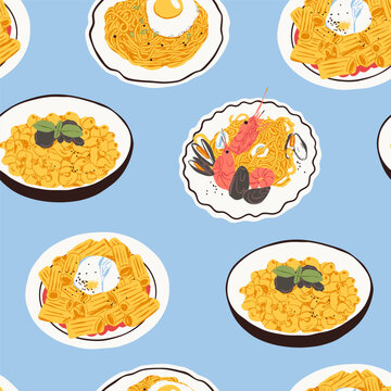 Various plates of Pasta. Different types, shapes. Pasta with egg, burrata, sea food, truffle. Hand drawn trendy Vector illustration. Cafe, restaurant menu concept. Square seamless Pattern, background