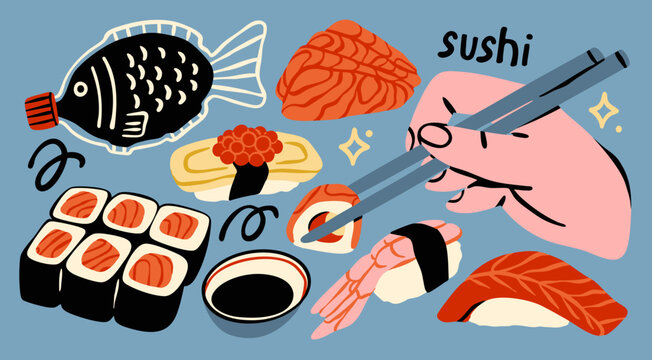 Delicious Sushi set. Red fish Maki rolls, Tamago, shrimp, tuna sushi, salmon Sashimi, chopsticks, soy sauce. Japan traditional food. Hand drawn trendy Vector illustration. Isolated design elements
