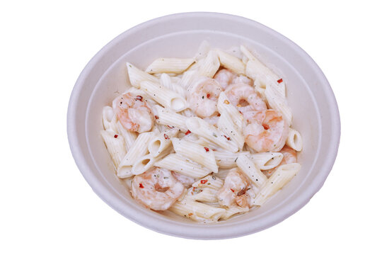 Creamy Shrimp Penne Pasta in White Sauce Served in Bowl Top View Isolated on Transparent Background