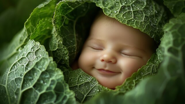 A European baby sleeps comfortably wrapped in fresh cabbage leaves with dew drops, creating a fabulous and touching atmosphere of nature and care. A baby in a cabbage patch. Born in cabbage.