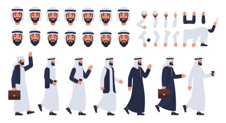 Obraz premium Character animation set showing an Arab man in traditional white thobe and ghutra in various poses and actions.