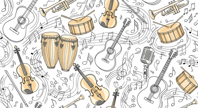 Seamless pattern of various musical instruments and notes in a hand drawn sketchy style on a plain white background.