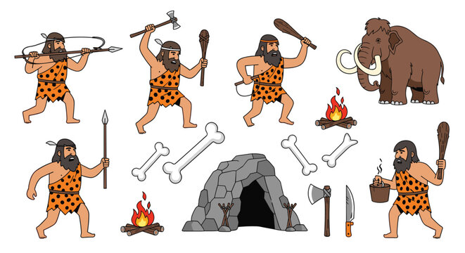 Collection of prehistoric caveman characters with stone tools, a large woolly mammoth, fire pits, a rock cave, and large ancient bones.