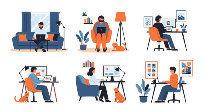 Collection of scenes showing different people working from home on laptops and computers in cozy room settings.