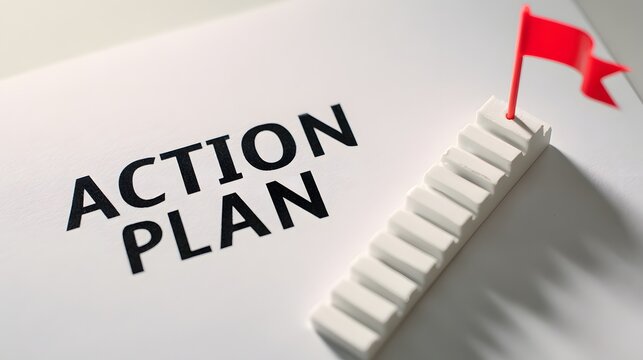 Action plan concept with staircase and red flag on white background.