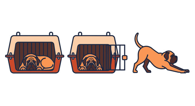 Bullmastiff Dog Crate Training Success Steps Vector Illustration