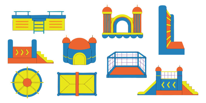 Inflatable Bouncy Castle Icon Set with Colorful Trampolines, Kids Play Slides, and Amusement Park Attractions Flat Vector Illustration.