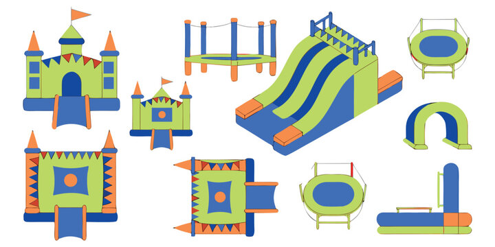 Isometric Inflatable Bouncy Castle and Water Slide Set, Colorful Kids Trampoline and Amusement Park Attractions Flat Vector Elements.