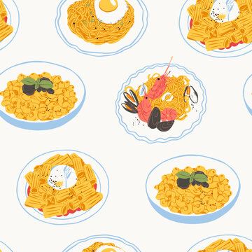 Various plates of Pasta. Different types, shapes. Pasta with egg, burrata, sea food, truffle. Hand drawn trendy Vector illustration. Cafe, restaurant menu concept. Square seamless Pattern, background