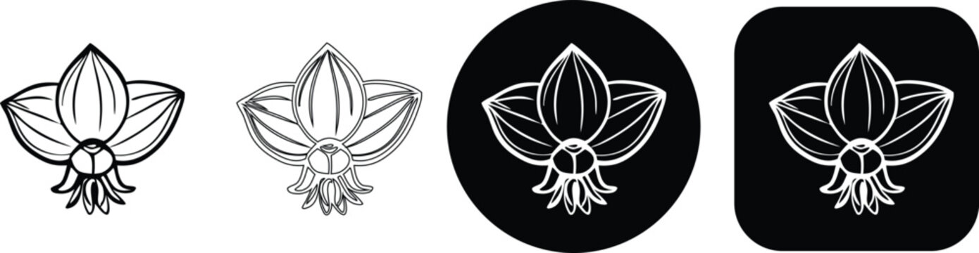 Four variations of a three-petaled flower featuring solid black, thin line and white silhouettes on black circular and square shapes