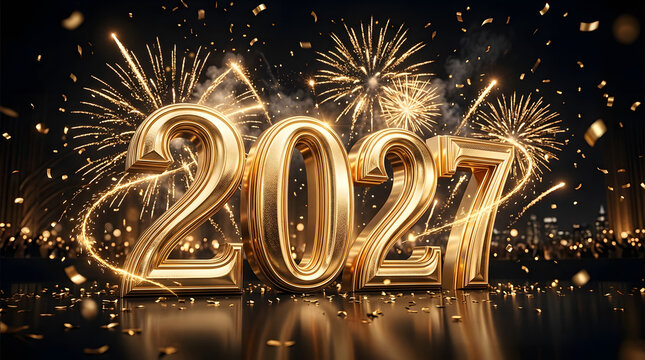 Golden 2027 numbers shine against a night sky with colorful fireworks, confetti, and a festive glow for celebration themes. Suitable for new years eve graphics.
