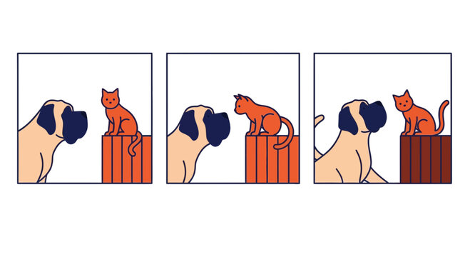 Cat and Dog Meeting Sequence Vector Illustration