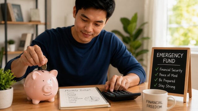 Young man building emergency fund savings with piggy bank budget planning and personal finance goals