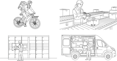 Obraz premium Collection of logistics and delivery service illustrations featuring parcel handling and modern courier operations line art