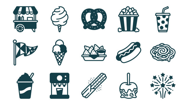 Vector set of fifteen flat carnival and fair food icons including a snack cart, cotton candy, pretzel, popcorn, soda, ice cream, nachos, hot dog, funnel cake, and candy apple on white.