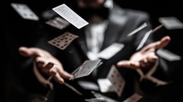 A suited male magician tosses playing cards into the air, capturing a moment of magic and intrigue against a dark background.