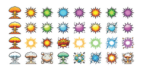 Set of colorful cartoon explosion and nuclear bomb icons in comic book style ©  Designer