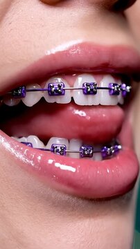 Purple ceramic braces on teeth in open mouth.