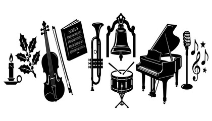 Christmas Music Instruments Set with Trumpet, Violin, Holly Leaves, Candle, Bell, Piano, Microphone, and Music Notes © MstFiroza