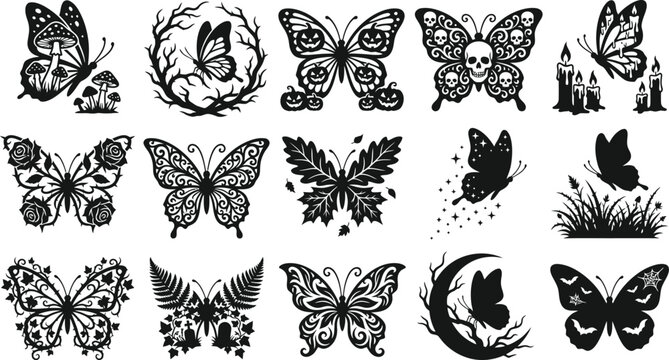 Spooky halloween vector bundle black butterfly designs with skulls pumpkins roses mystical elements