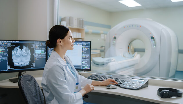 Female radiologist analyzing ct scan on computer monitor in hospital woman