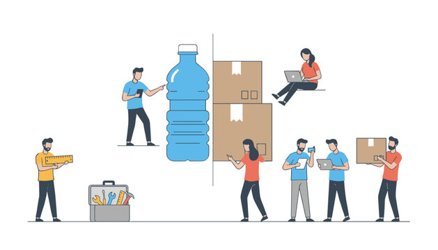 Warehouse workers prepare shipping boxes and giant water bottle in minimalist design.