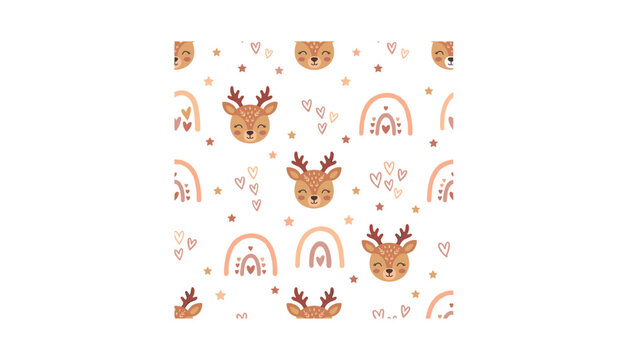 Cute boho deer seamless pattern vector illustration with rainbow hearts and stars for baby nursery textile