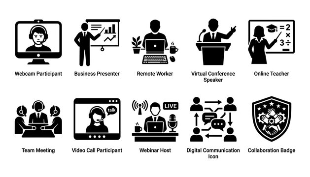 Webcam Participant Icon with Digital Communication Features Featuring Remote, Virtual, Conference with Speaker and Online