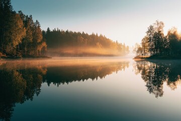 Obraz premium Misty lake reflecting sunrise forest in a serene morning landscape wide shot for travel and wellness marketing