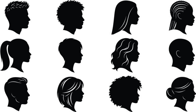 Diverse human head profile silhouettes collection featuring men and women with various hairstyles isolated on white