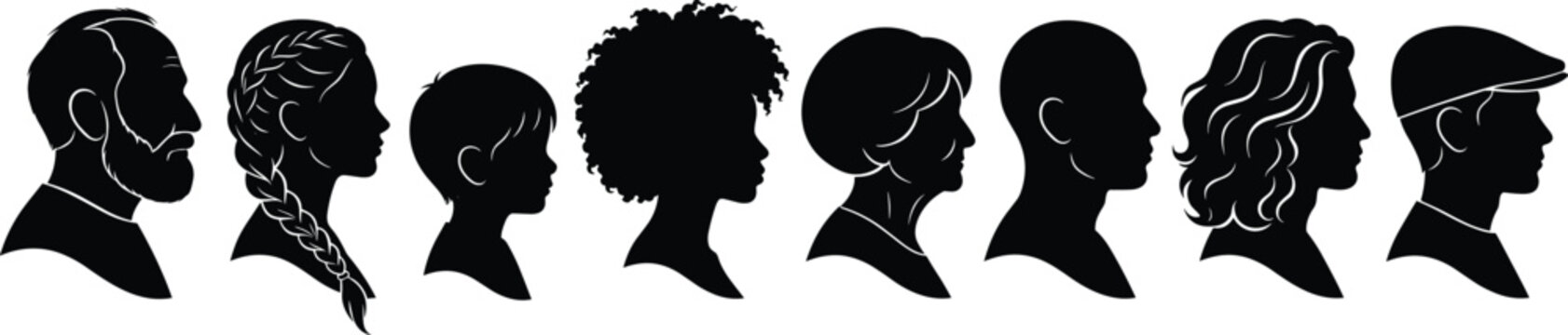 Diverse human head profile silhouettes collection featuring different ages, genders, and hairstyles isolated on white background