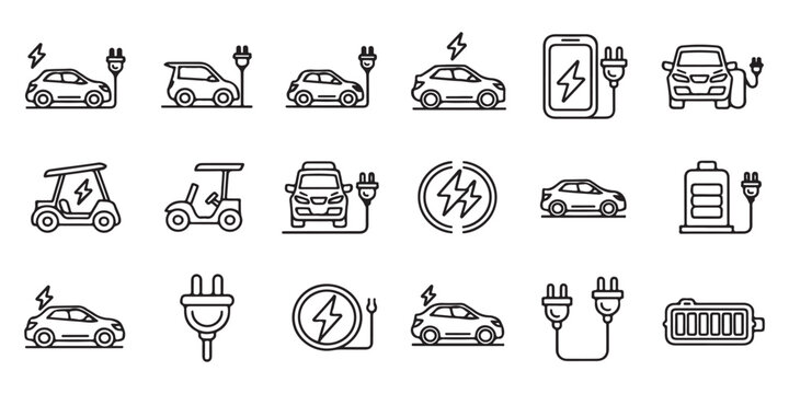 Set of thin line electric vehicle icons for car charging station app interface development and sustainable energy technology web graphics.