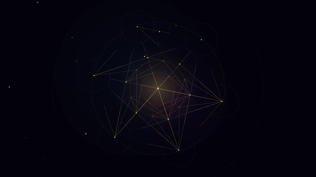 Abstract golden geometric network connecting nodes on dark background