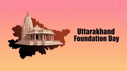 Obraz premium Uttarakhand Foundation Day poster with temple and state map silhouette on gradient background