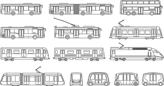 Public Transport Vehicle CAD Outline Collection with Buses Trains Trams and Urban Mobility Vectors