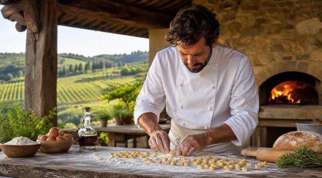 Chef making fresh pasta in rustic countryside kitchen