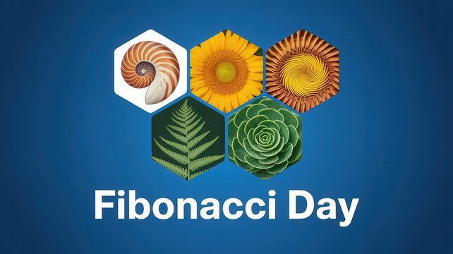 Fibonacci Day graphic with nature pattern in hexagon on a blue background