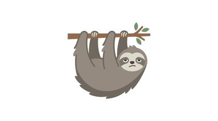 Obraz premium A cute cartoon sloth hanging from a simple tree branch on a white background