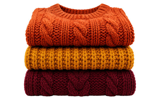 Stack of three colorful warm knitted sweaters isolated on white background autumn fashion.