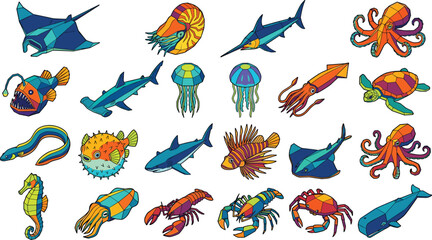 Obraz premium Collection of Geometric Low Poly Sea Animals and Marine Life Icons for Creative Design Projects