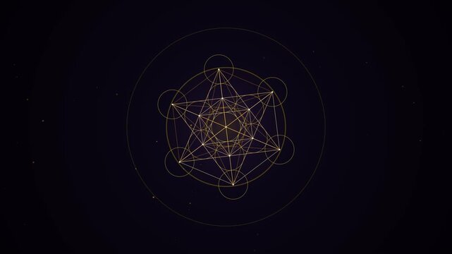 Golden sacred geometry star rotating and forming from lines on a dark background