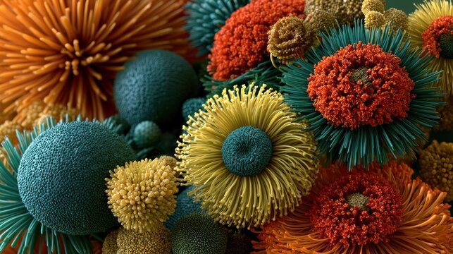 Vibrant colorful textures of microscopic viral structures.