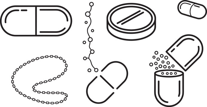 Medical capsule and pill line icon set for pharmacy prescription drug healthcare supplement vector