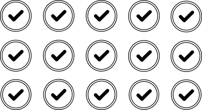 Professional grid of fifteen black checkmark icons in double circles representing successful task completion and list validation.