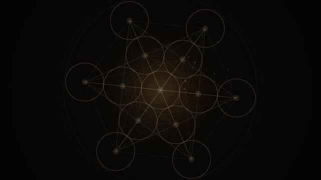 Sacred geometry metatron cube forming with golden glowing lines on black